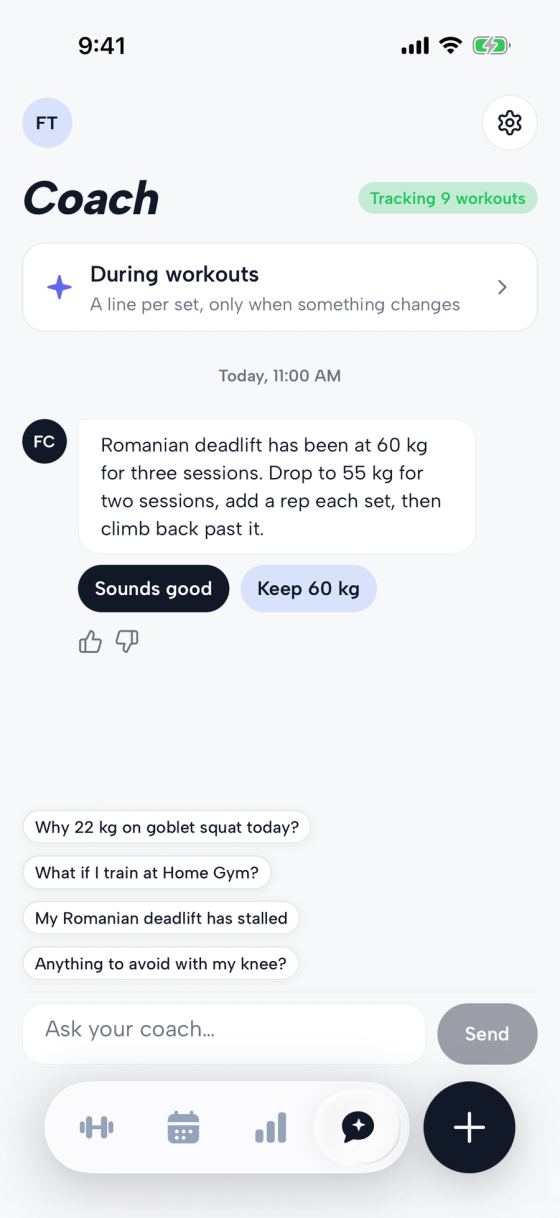 Flex's Coach tab, tracking 9 workouts. The coach writes: Romanian deadlift has been at 60 kg for three sessions. Drop to 55 kg for two sessions, add a rep each set, then climb back past it. Buttons: Sounds good, Keep 60 kg. Suggested questions include Why 22 kg on goblet squat today? and Anything to avoid with my knee?
