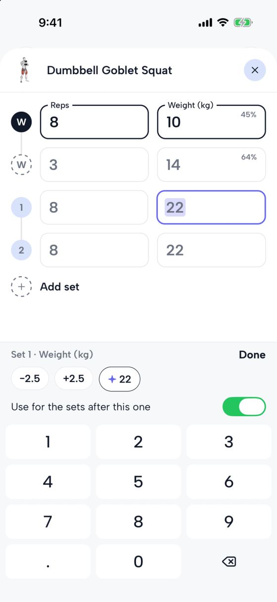 Logging Dumbbell Goblet Squat: two ramp-up sets at 10 and 14 kg, then two working sets of 8 at 22 kg. The number pad is open on set 1's weight, with −2.5 and +2.5 steps, the coach's 22 kg, and Use for the sets after this one switched on.