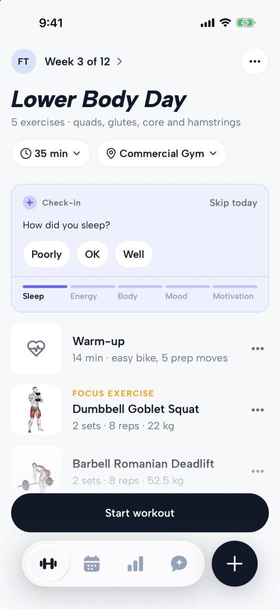 Flex's Today screen: Week 3 of 12, Lower Body Day, five exercises for quads, glutes, core and hamstrings, 35 minutes at Commercial Gym. The daily check-in asks how you slept, with Poorly, OK and Well, then energy, body, mood and motivation. Below, a 14-minute warm-up with five prep moves, then Dumbbell Goblet Squat, 2 sets of 8 at 22 kg, and Start workout.